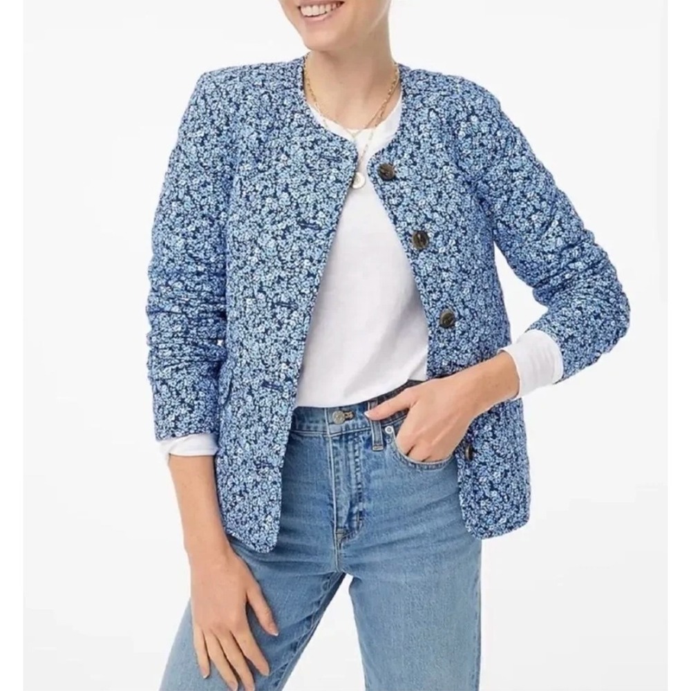 J.CREW Women Short Quilted Cotton Blend Blue Floral Jacket Womens 8